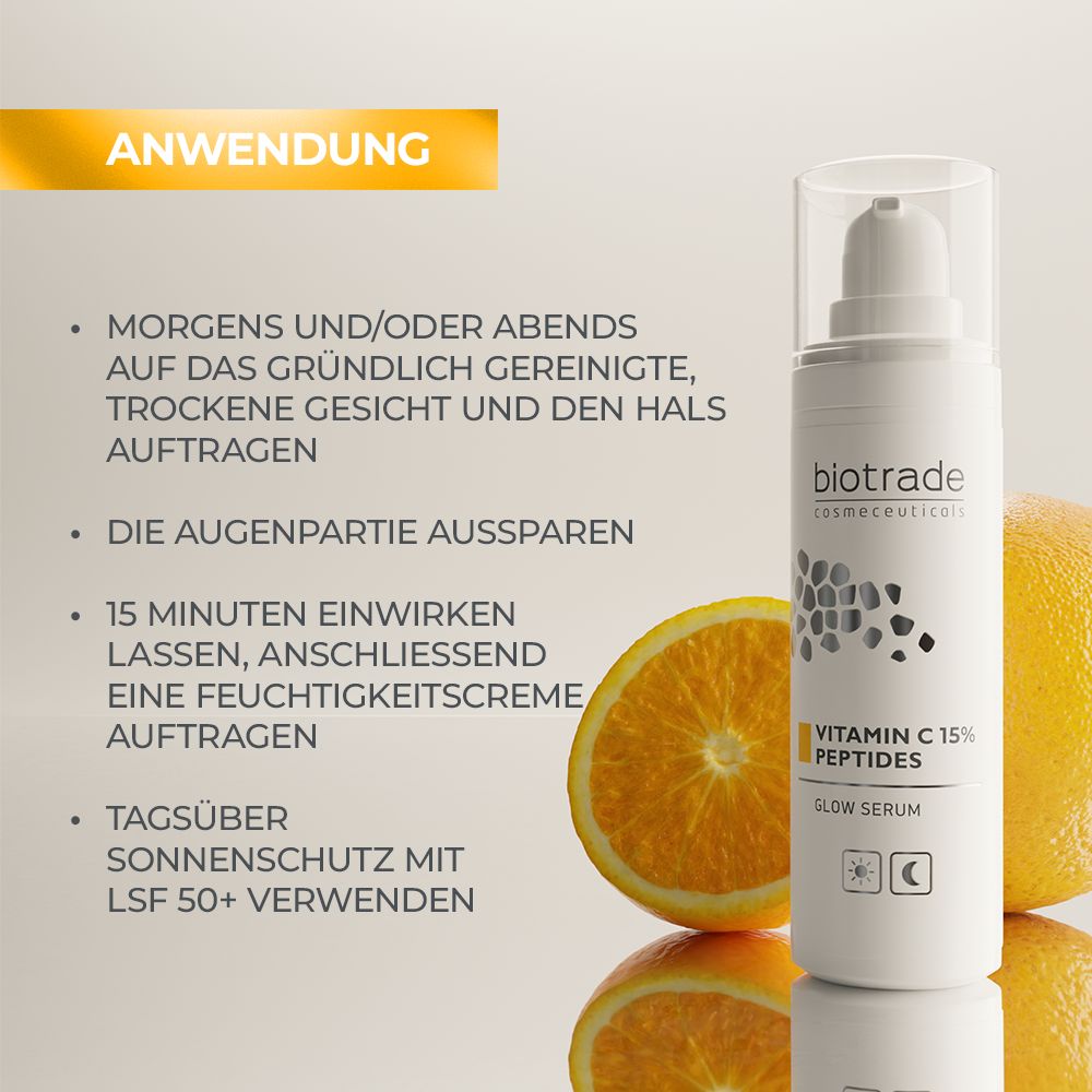 Text-basierte Grafik mit Anwendungshinweisen für das Biotrade Serum. Morgens/abends auftragen, Augenpartie aussparen, 15 Min. einwirken.