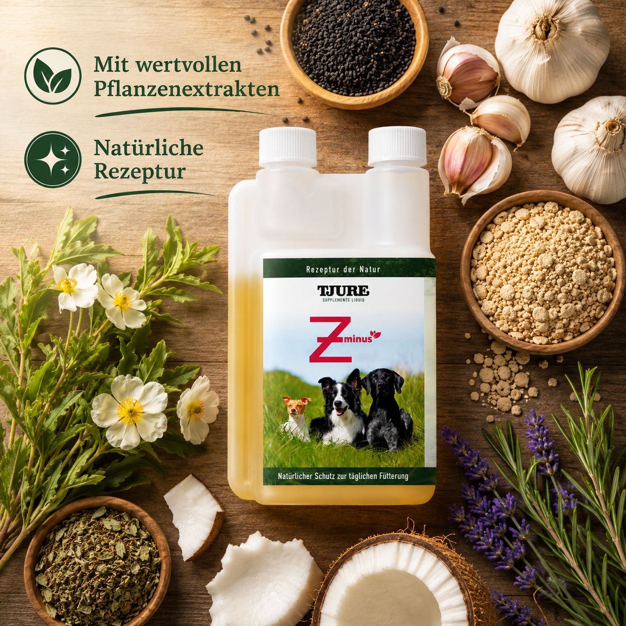 Flasche mit Hundefutterzusatz, umgeben von natürlichen Zutaten wie Kokosnuss, Knoblauch und Kräutern.