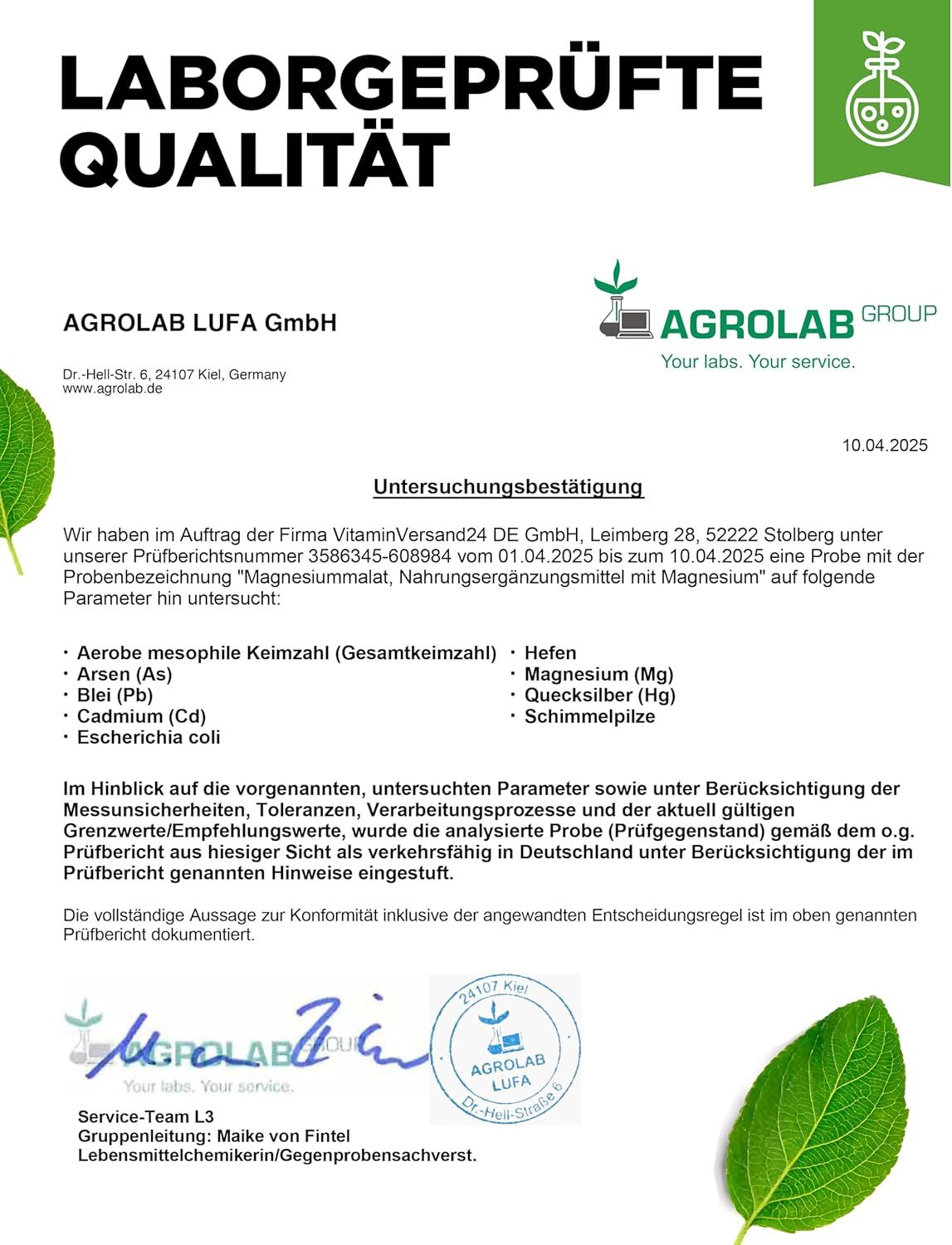 Laborbericht von AGROLAB LUFA GmbH. Untersuchungsergebnis für Magnesiummalat. Parameter: Aerobe mesophile Keimzahl, Arsen, Blei, Cadmium, etc. Datum: 10.04.2025.