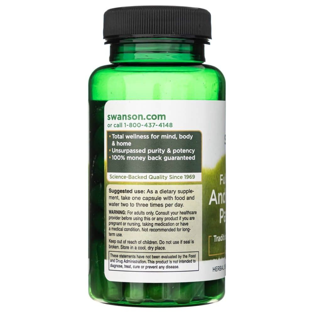 Rückseite einer grünen Kapsel: SWANSON Andrographis Paniculata, mit Website, Qualitätsversprechen und Warnhinweisen.