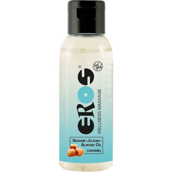 Flasche mit schwarzem Deckel. Aufschrift EROS, darunter Wellness Massage. Aufkleber mit Karamell-Abbildung. Sesam-Jojoba-Mandelöl.