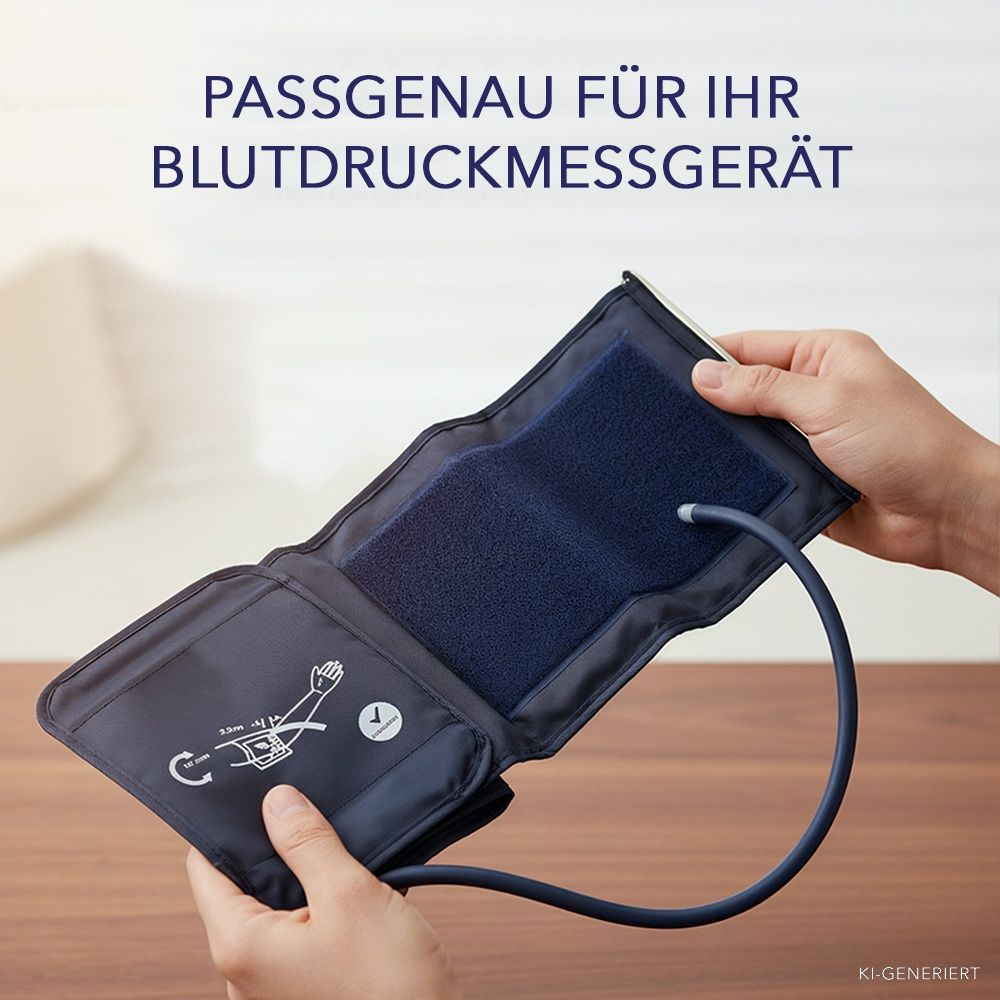 Hände halten eine dunkelblaue Manschette für Blutdruckmessgeräte auf. Text: Passgenau für Ihr Blutdruckmessgerät.