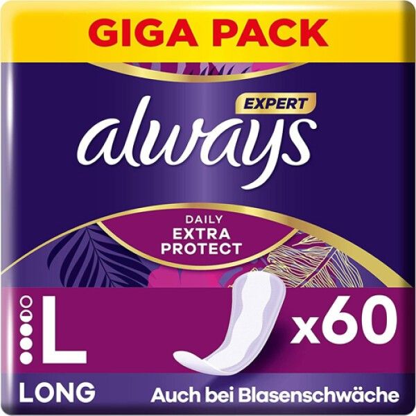 Always Slipeinlagen Expert Daily Extra Protect Long Gigapack. Packung mit 60 Stück. Text: "Auch bei Blasenschwäche". Produkt in der Verpackung.