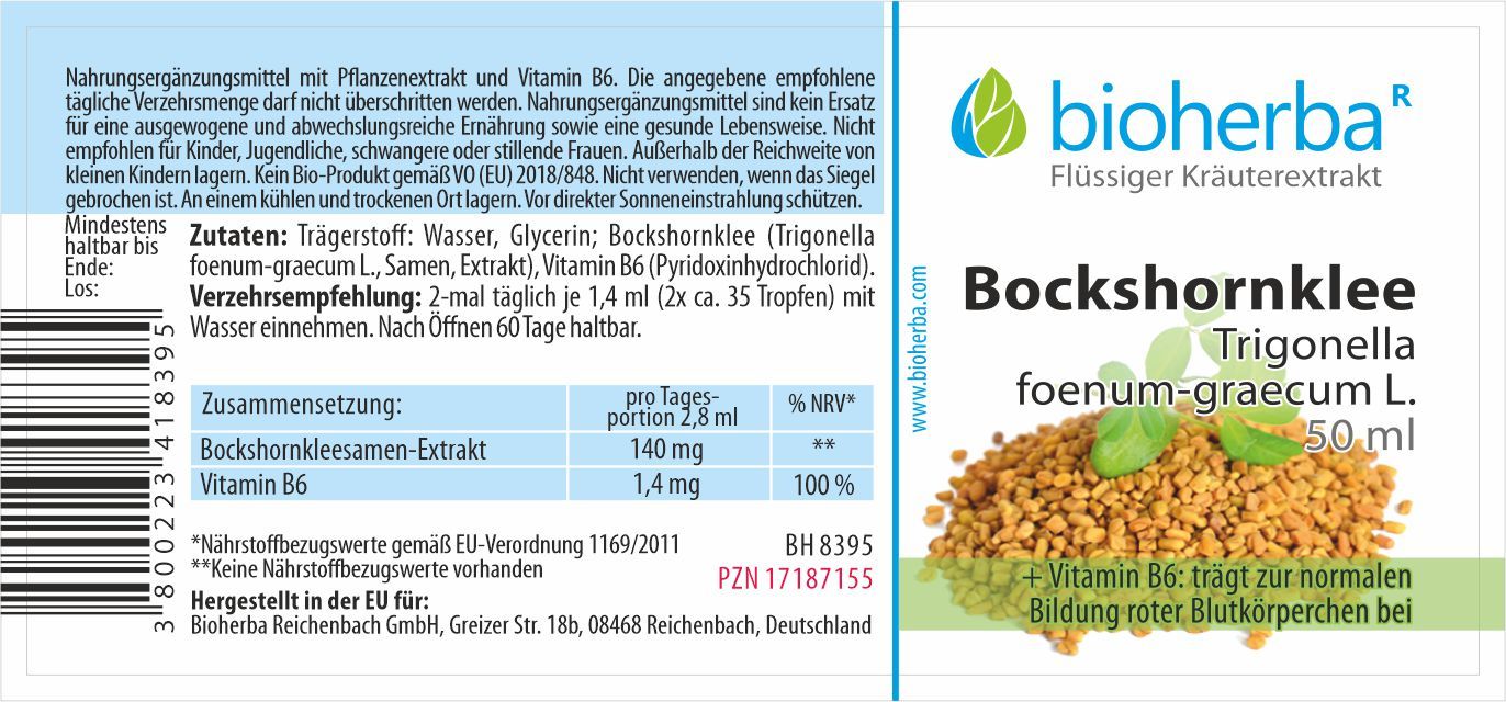 Etikett mit Produktinformationen. Bockshornklee-Extrakt, Inhaltsstoffe, Dosierung, Hersteller. Grüne und weiße Schrift auf weißem Grund.