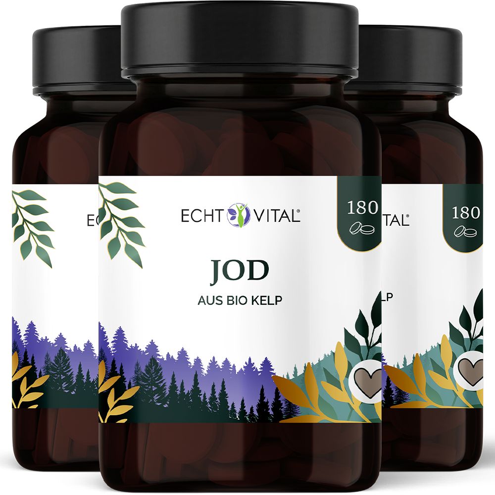 Drei Braunglasflaschen mit Echt Vital Jod aus Bio Kelp Etiketten, Wald- und Blätterdesign.