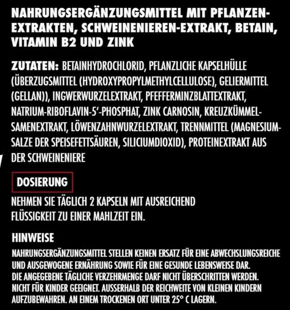 Text auf schwarzem Hintergrund. Zutatenliste und Dosierungshinweise für ein Nahrungsergänzungsmittel.