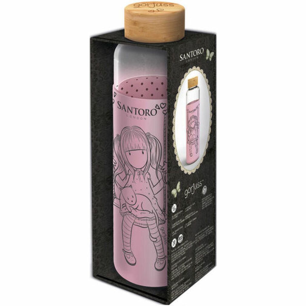Glaswasserflasche in Geschenkbox. Rosa Hülle mit Mädchen-Illustration. Holzdeckel. Santoro London Logo.
