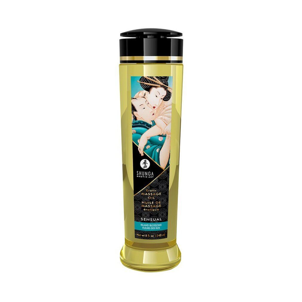 Massageöl-Flasche mit Etikett, das ein Paar zeigt. Sensual-Produkt mit blauer Blüte.