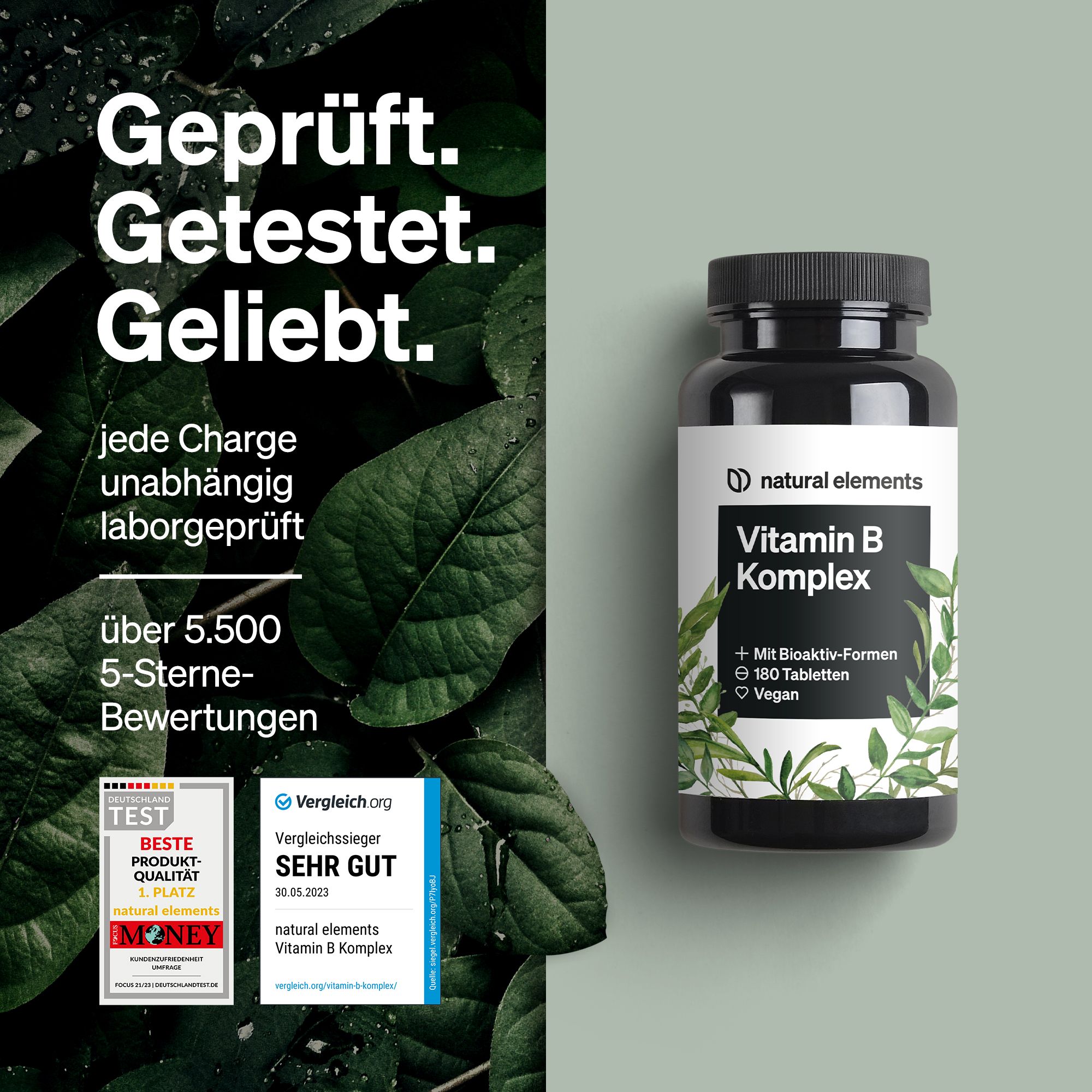 Schwarze Flasche mit Vitamin B Komplex. Text: Geprüft. Getestet. Geliebt. Über 5.500 5-Sterne-Bewertungen. Vegan.