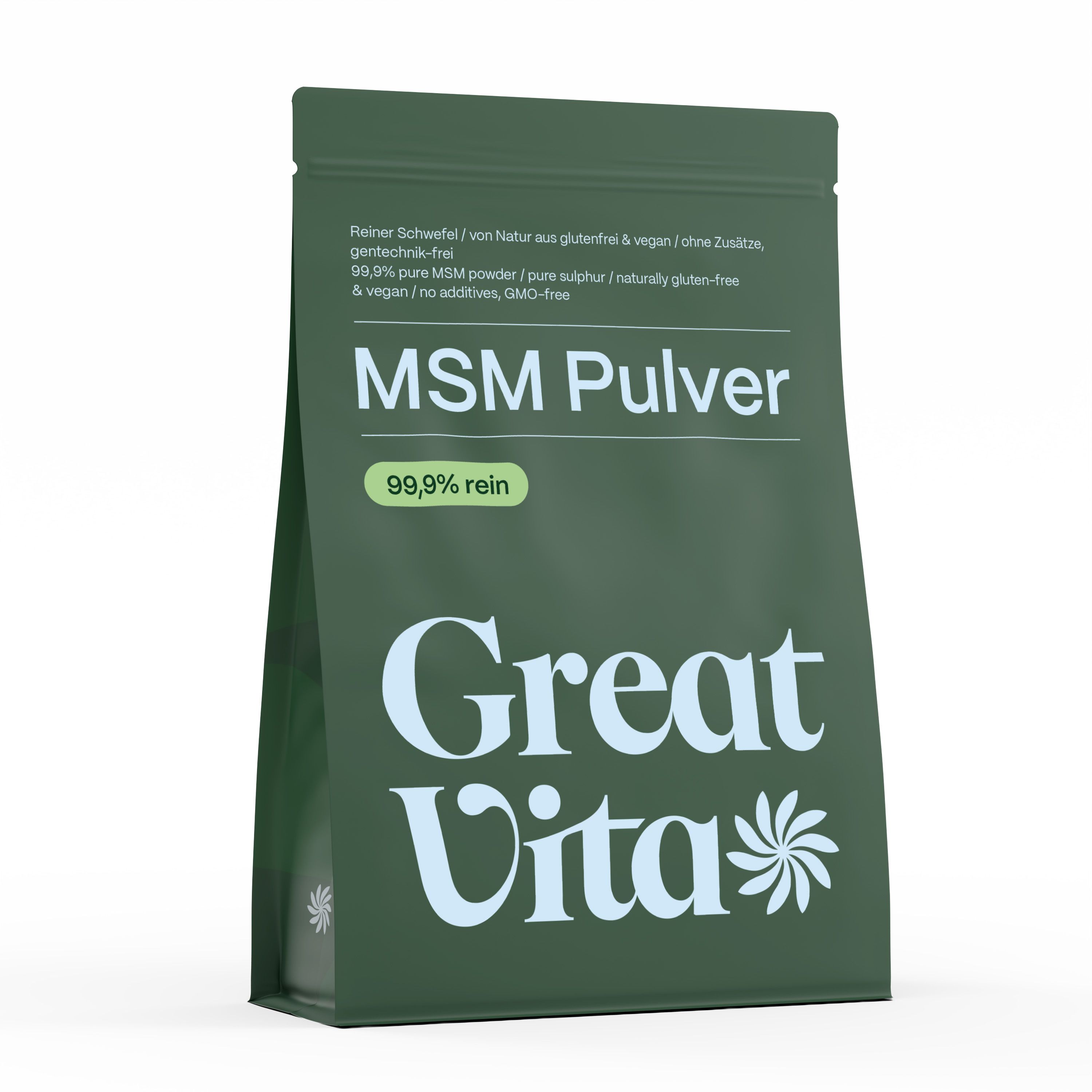 Grüne Verpackung mit Text. Produktname: MSM Pulver. Marke: Great Vita. Reinheit: 99,9%.