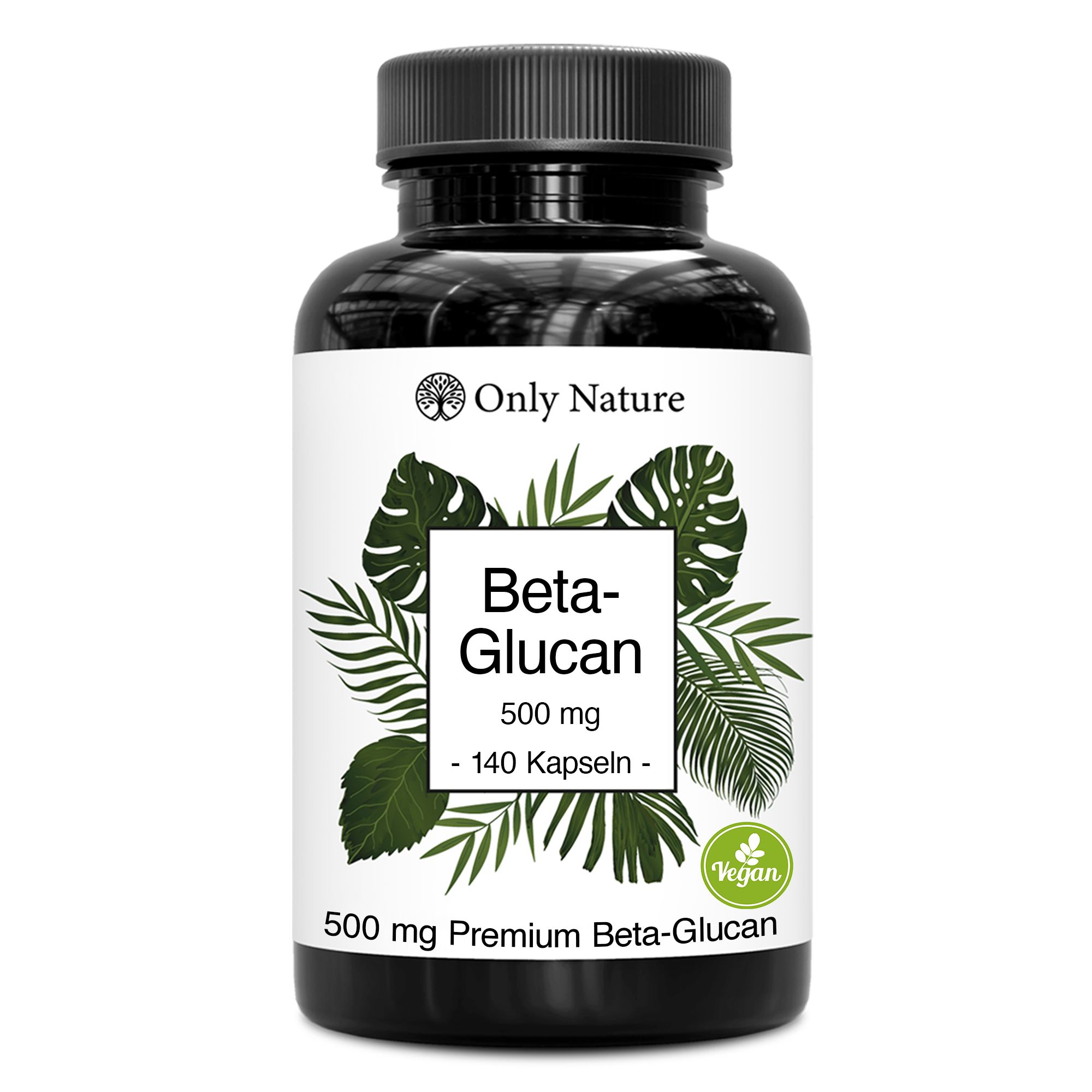Braune Flasche mit schwarzem Deckel. Etikett mit 'Only Nature', 'Beta-Glucan', 500 mg, 140 Kapseln. Vegan-Siegel.