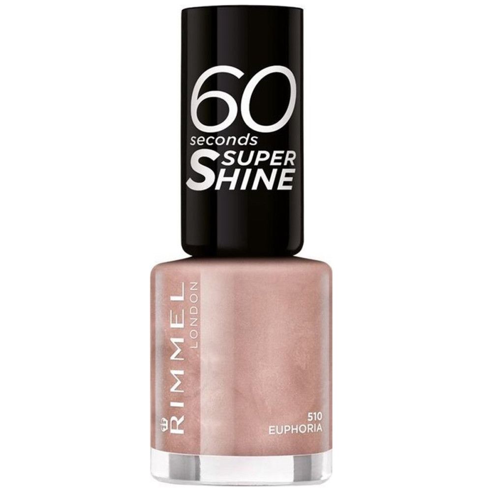 Nagellackflasche mit schwarzem Deckel. Aufschrift: Rimmel London, 60 Seconds Super Shine, Farbton 510 Euphoria.