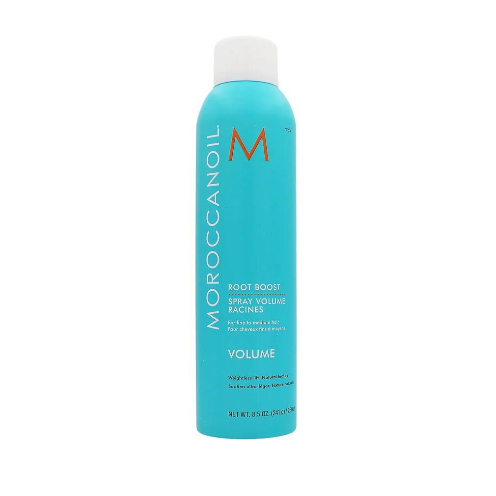 Türkisblaue Sprühflasche mit weißem Deckel. Aufschrift: Moroccanoil, Root Boost, Spray Volume, Racines, Volume. Orangefarbenes M-Logo.