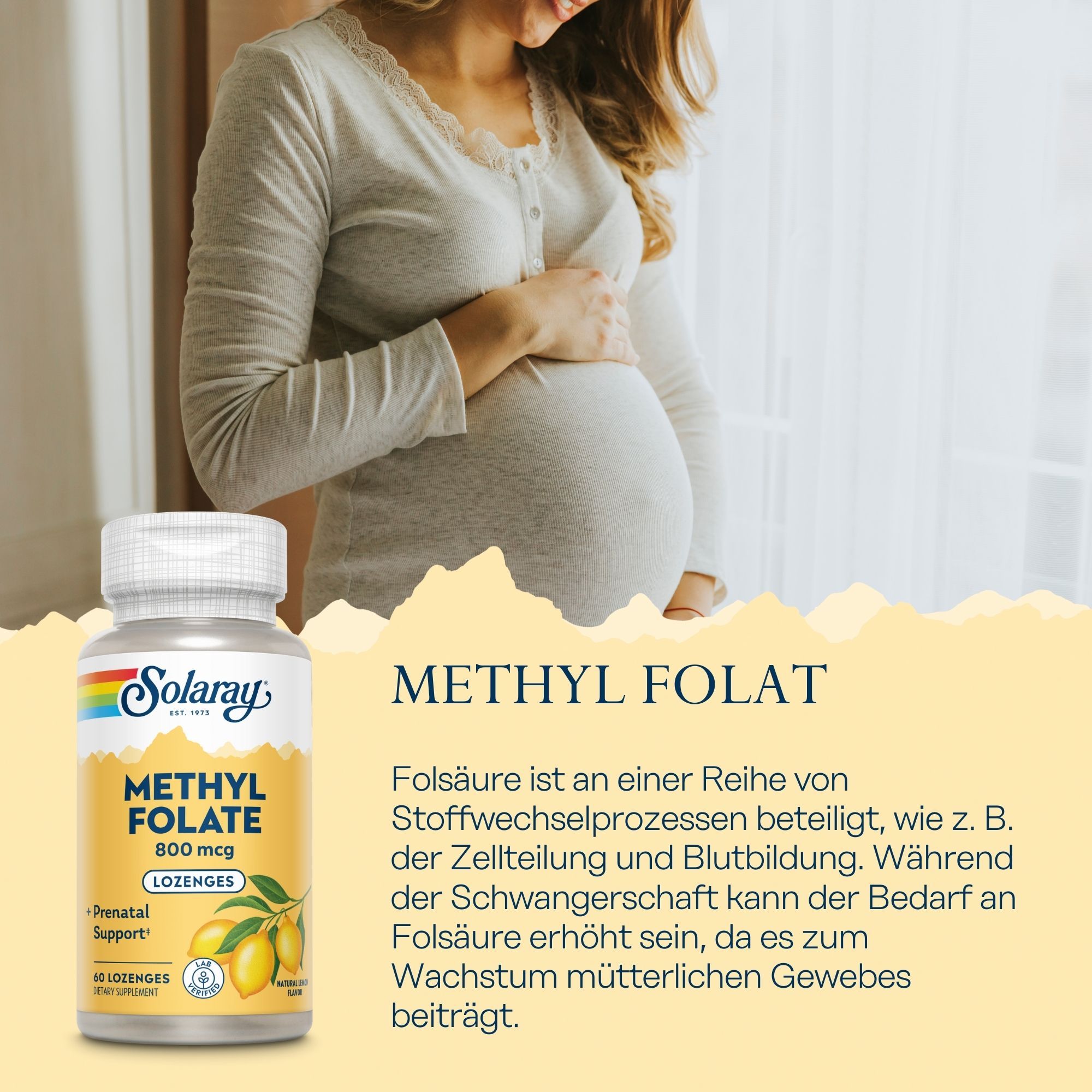 Solaray Methyl Folat 800 mcg DFE. Gelbe Tablettenflasche mit Produktinformationen. Schwangere Frau hält Bauch.