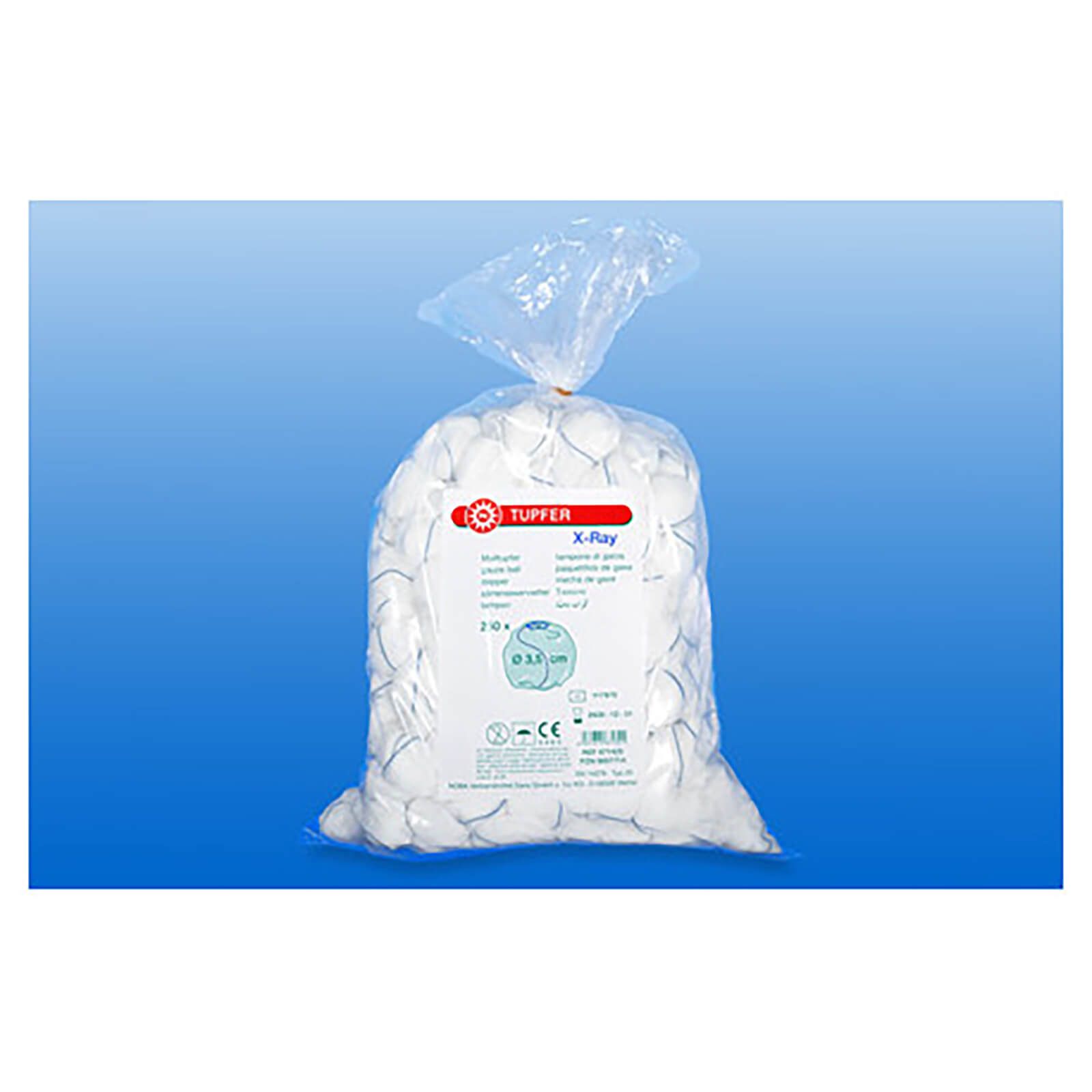 Beutel mit weißen Tupfern. Aufdruck: X-Ray, Ø 3,5 cm. Verpackung.