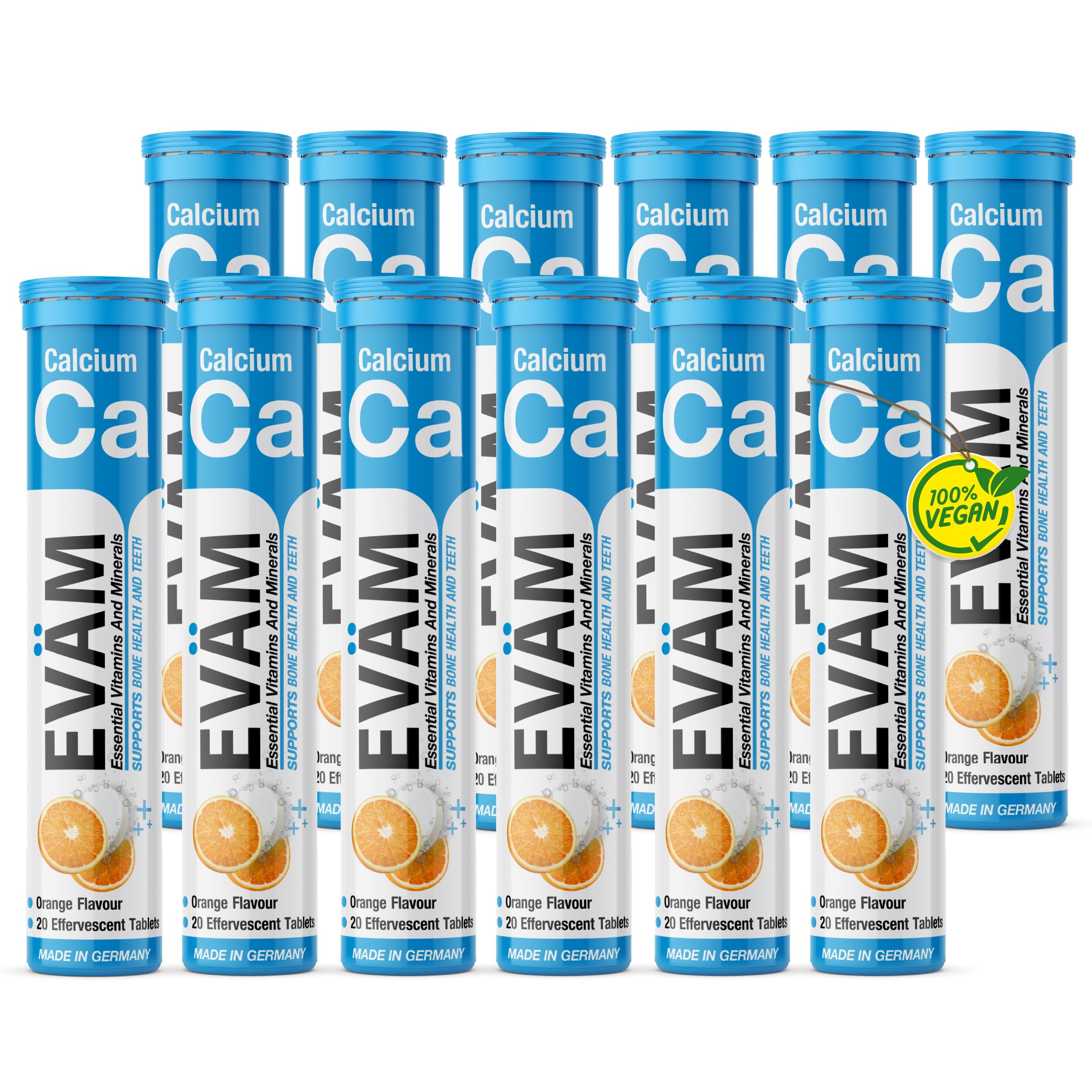 12 Tuben EVÄM Calcium Brausetabletten. Blaue und weiße Verpackung. Text: Calcium, Orange. Vegan-Logo.