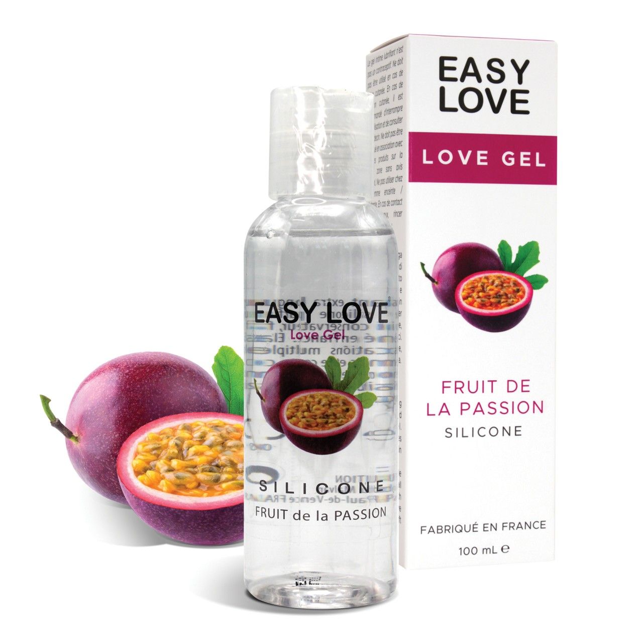 Transparente Flasche mit Produkt und Karton. Aufschrift: EASY LOVE, LOVE GEL, FRUIT DE LA PASSION. Abgebildet: Maracujas.