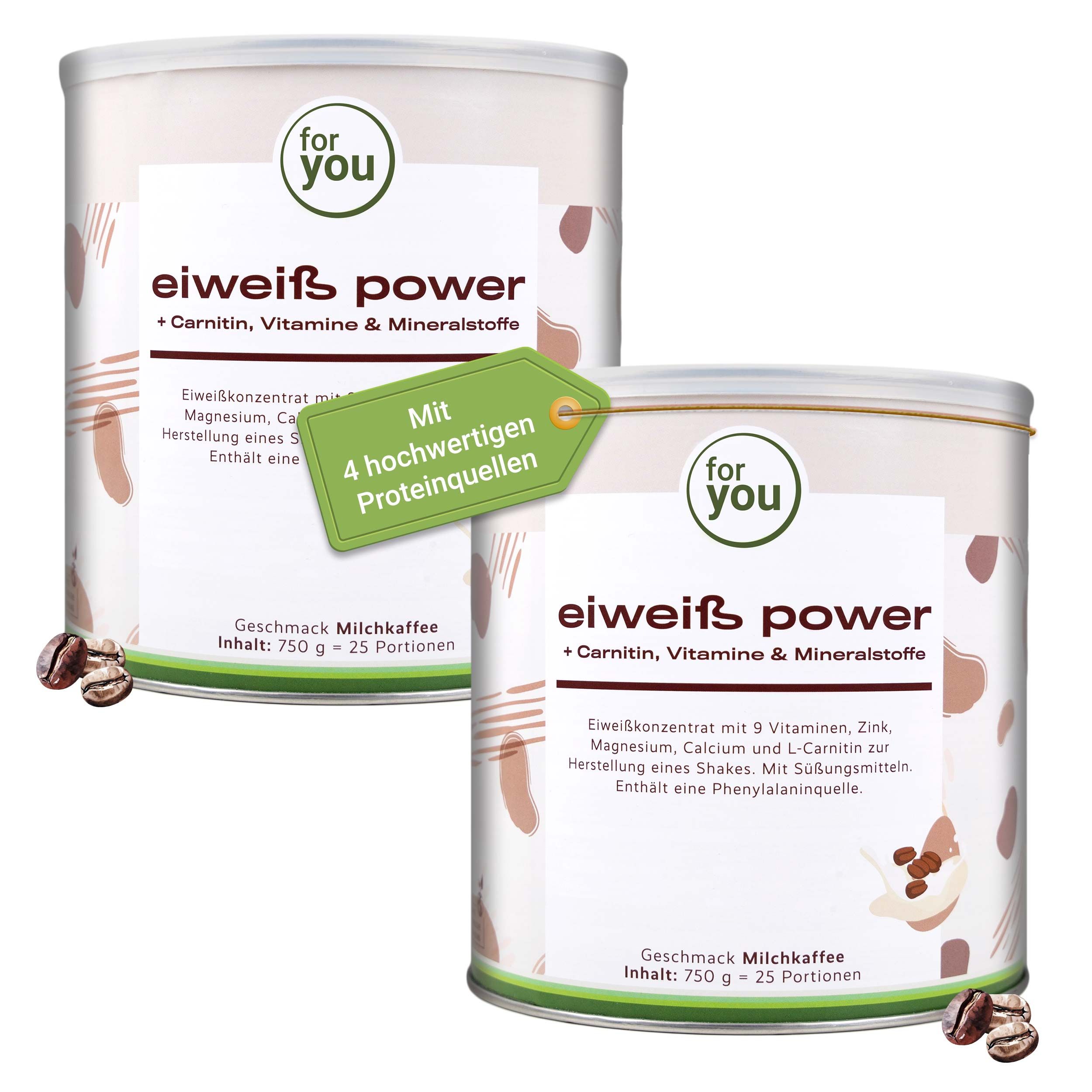 Zwei Dosen Eiweiß Power Milchkaffee Geschmack, 750g.