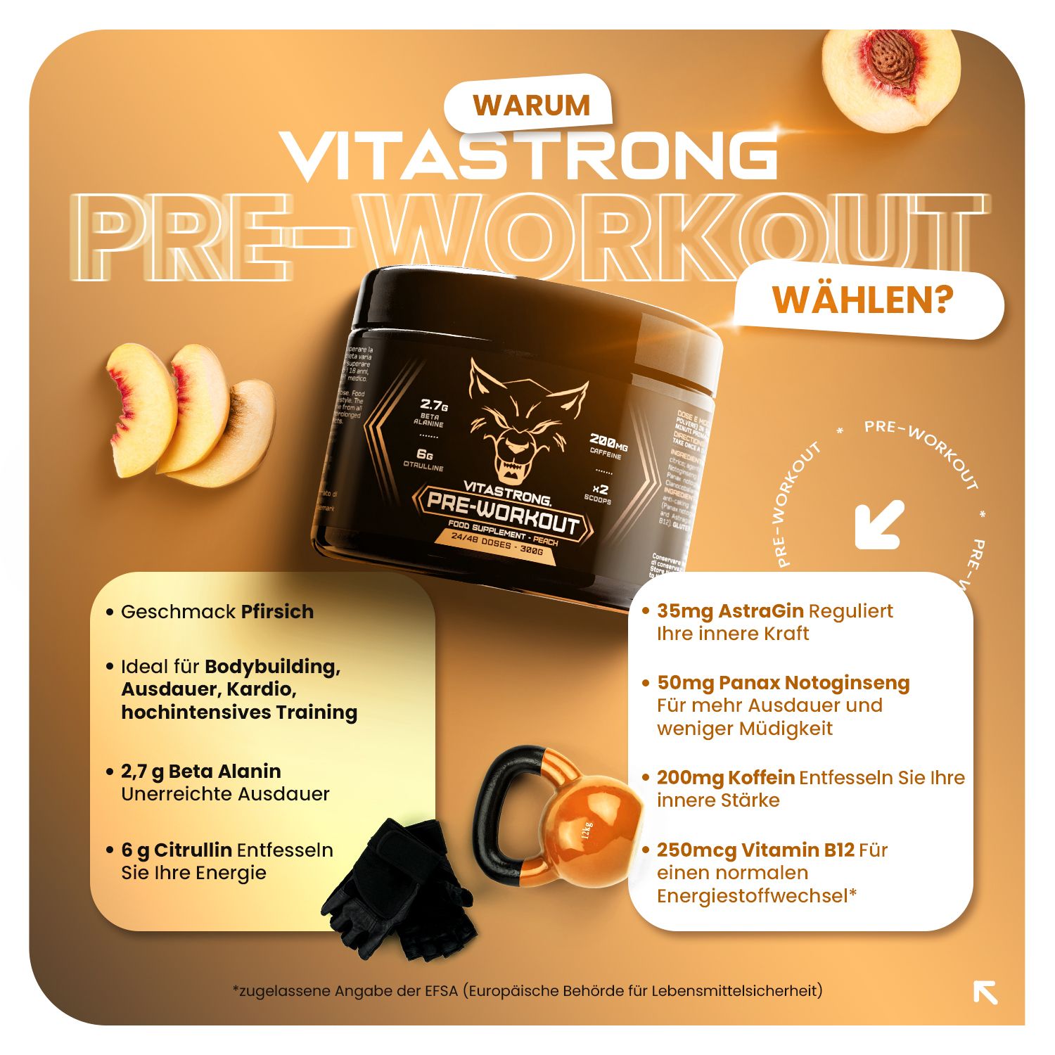 Dose und Pfirsich-Hälften. Text: Warum Vitastrong Pre-Workout wählen? Marke: Vitastrong.