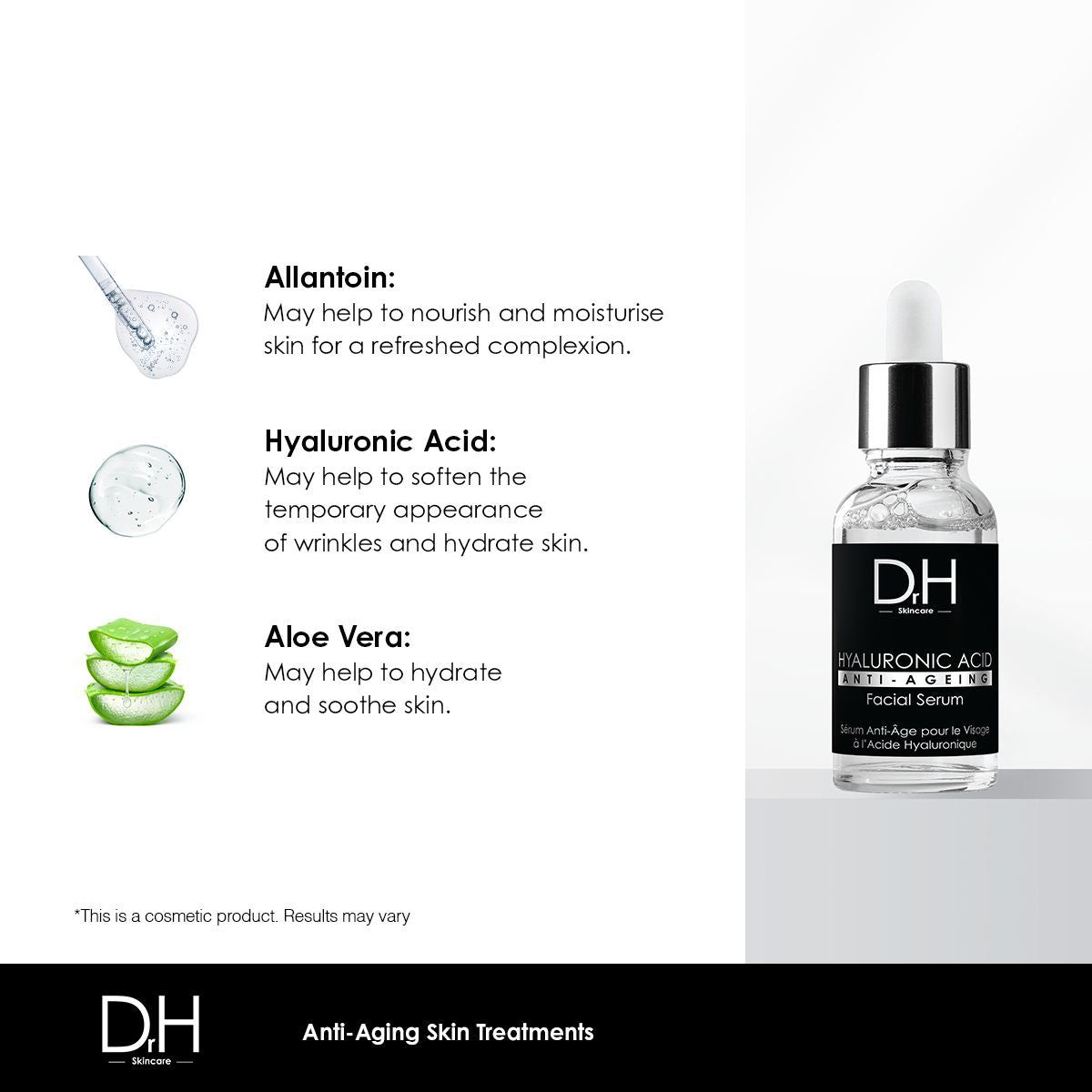 Serumflasche mit Pipette. Text: Allantoin, Hyaluronsäure, Aloe Vera. Beschreibungen der Inhaltsstoffe.