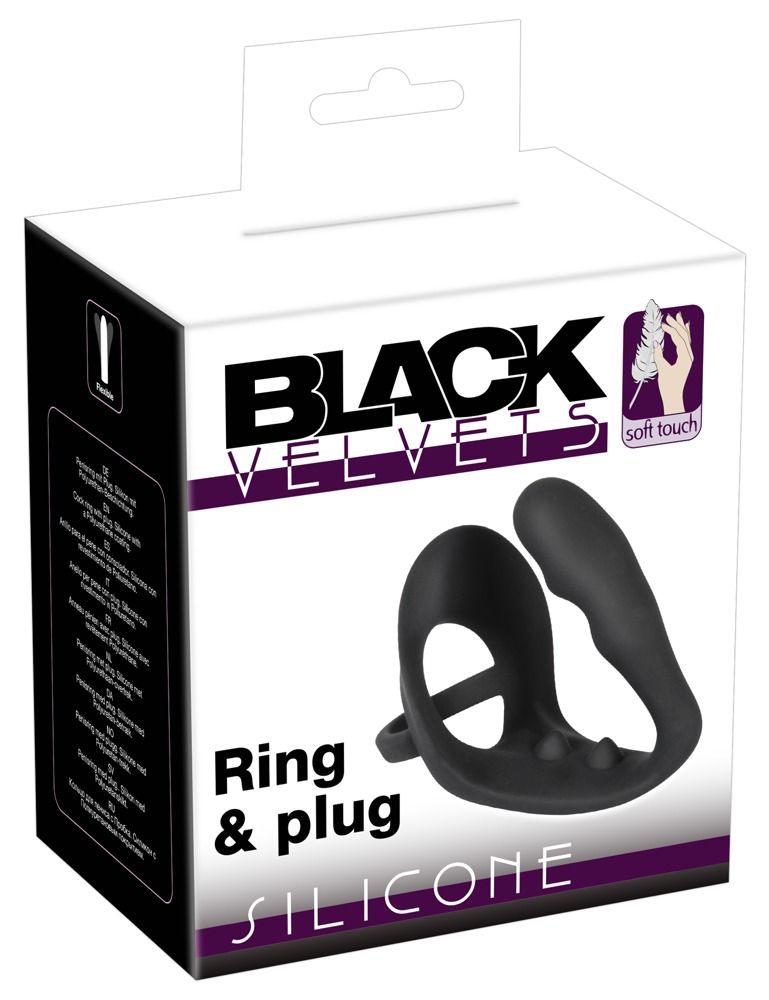 Schwarzer Penis-/Hodenring mit Analplug. Verpackung mit Produktnamen, Marke „Black Velvets“ und „Silicone“.