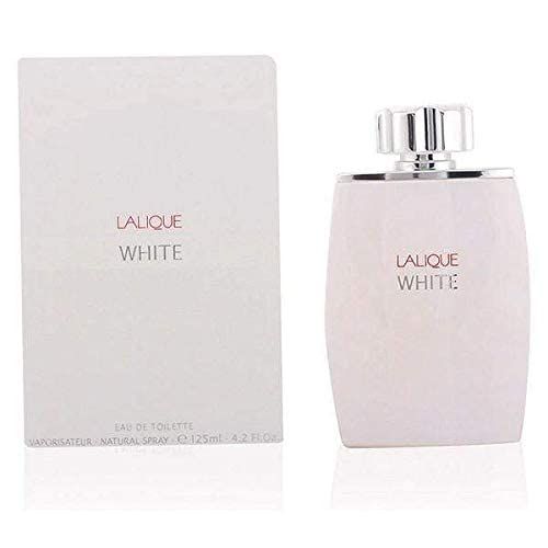 Weiße Flasche und Verpackung. Aufschrift: Lalique White. Flasche mit silbernem Verschluss. Karton daneben.