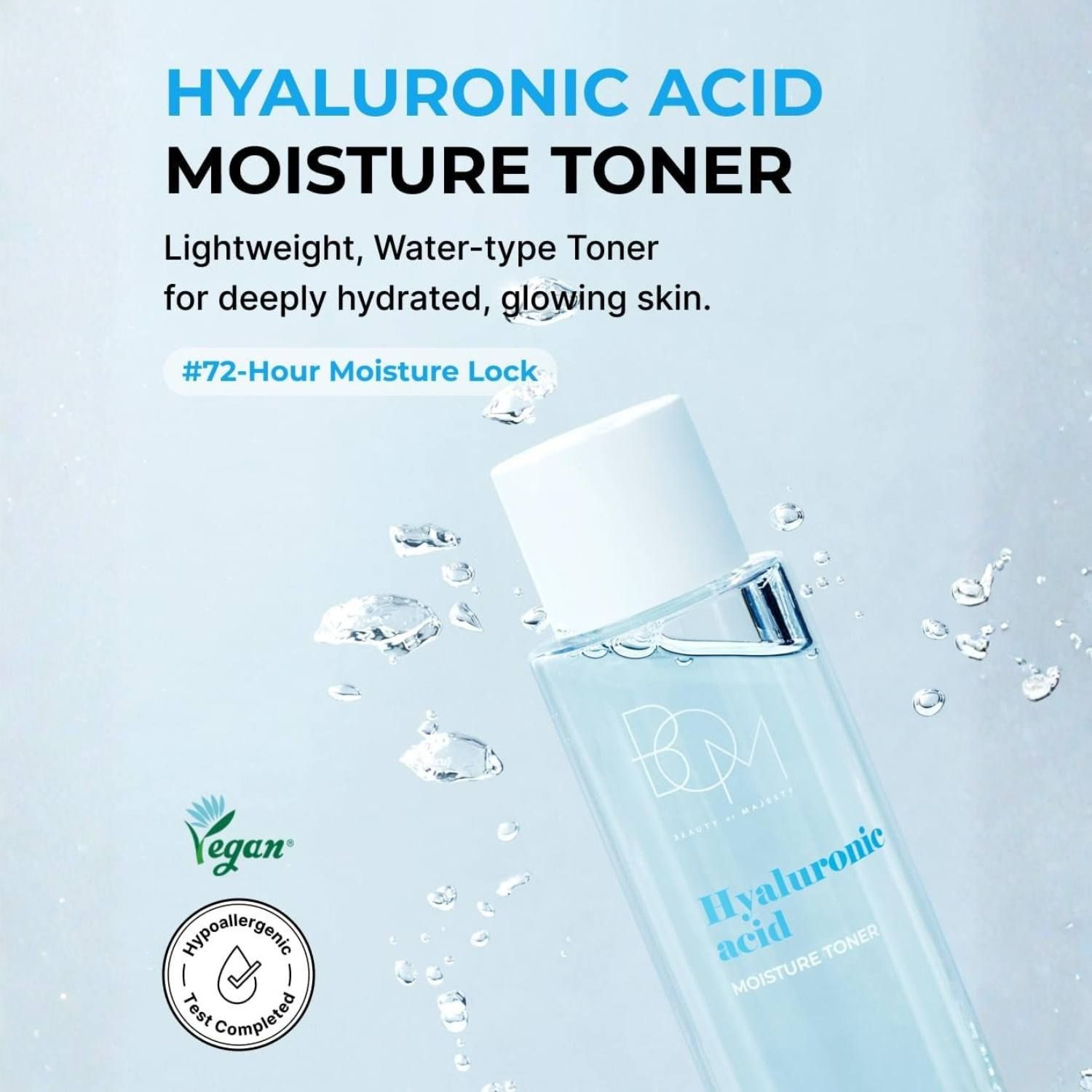 BOM Hyaluronic Acid Moisture Toner, vegan, hypoallergen, mit Text über Feuchtigkeit.