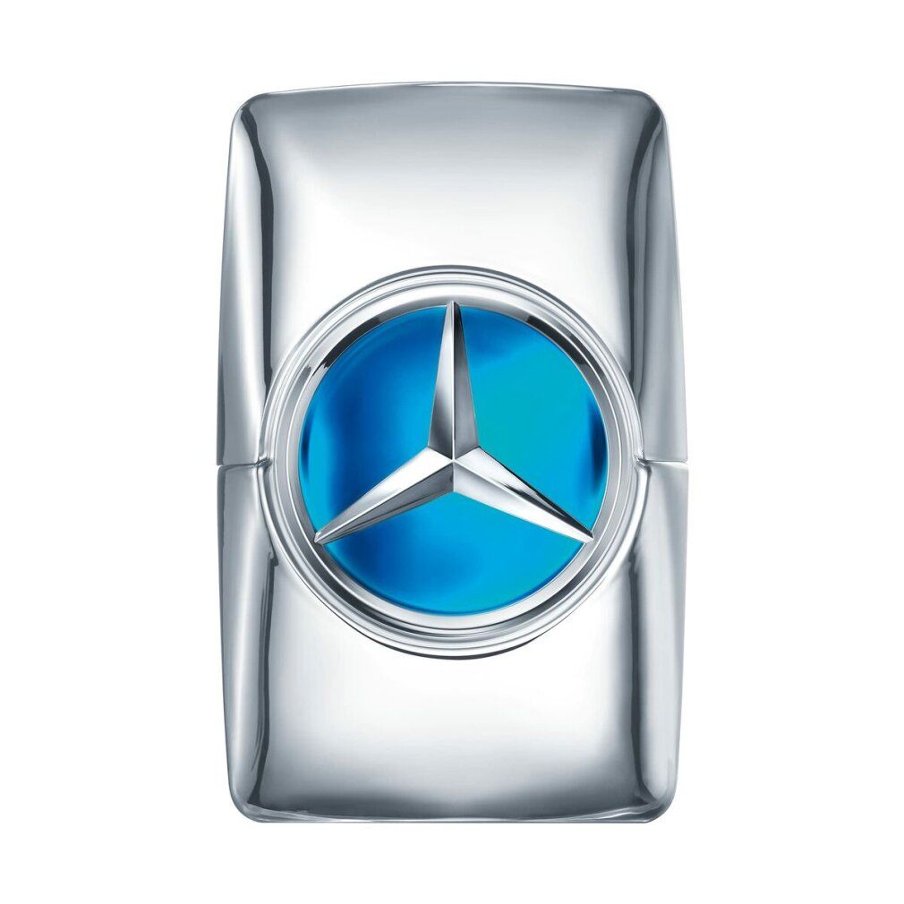 Silberfarbener Flakon mit blauem Kreis und Mercedes-Benz Logo. Rechteckige Form.