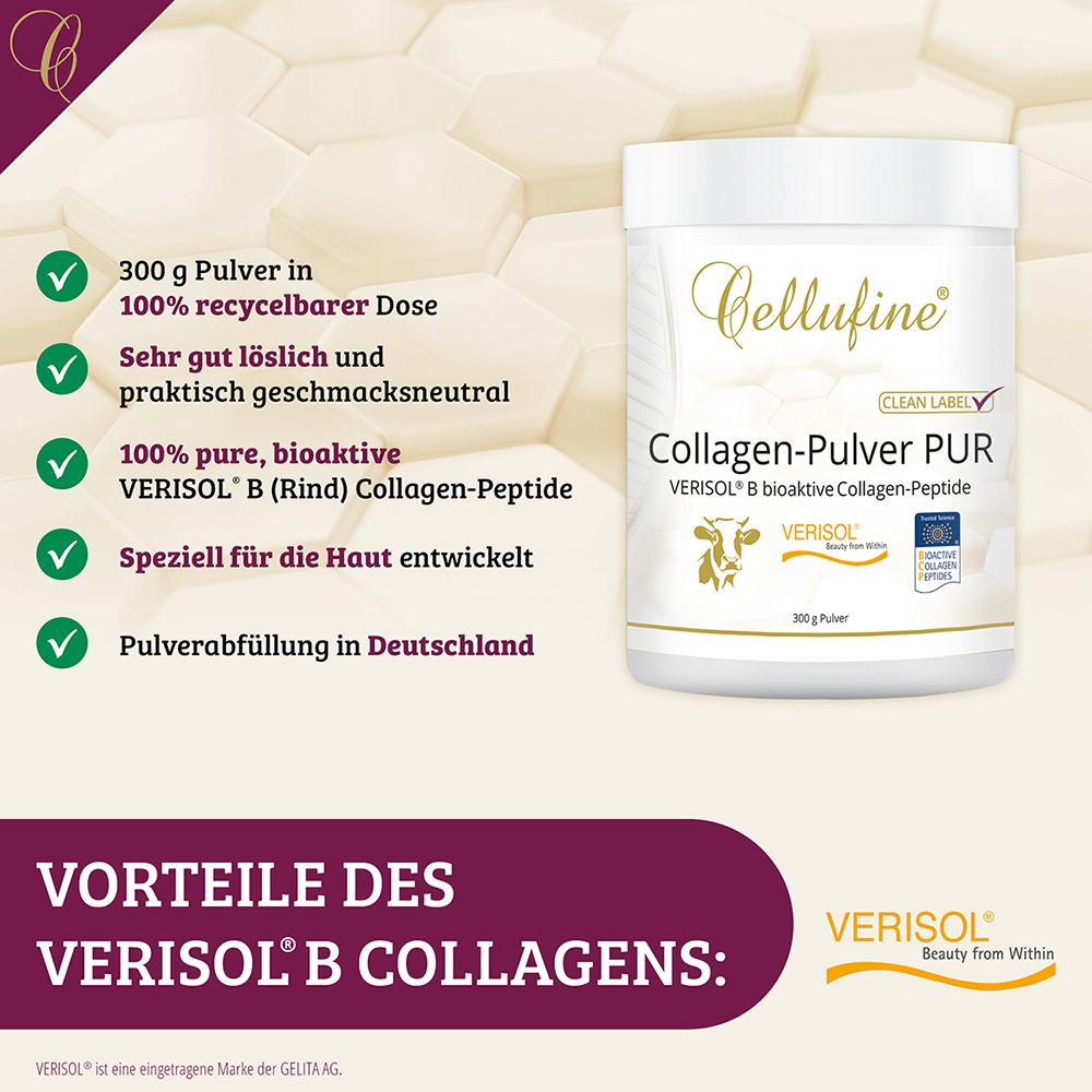 Produktabbildung mit Dose Cellufine Collagen-Pulver PUR und Texten: 300 g Pulver, 100% recycelbare Dose, gut löslich, geschmacksneutral.