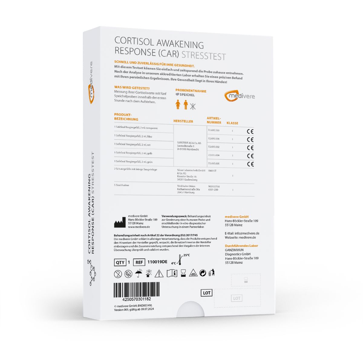 Rückseite der Produktverpackung mit Text und Logos. Enthält Informationen zum Test.