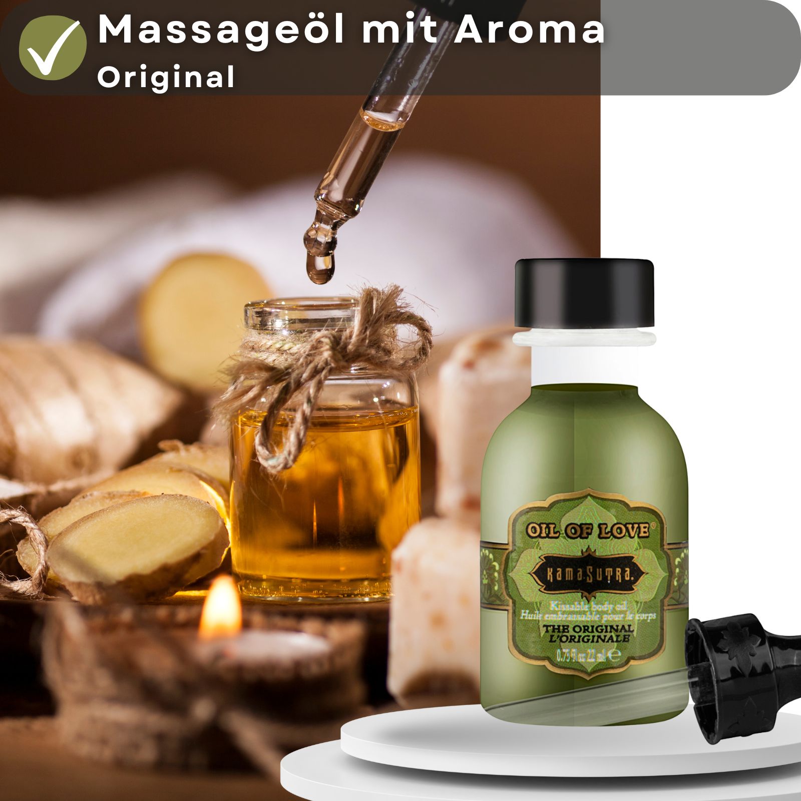 Produktflasche mit Pipette, daneben Textfeld mit "Massageöl mit Aroma Original". Hintergrund mit Kerzen und Ingwer.