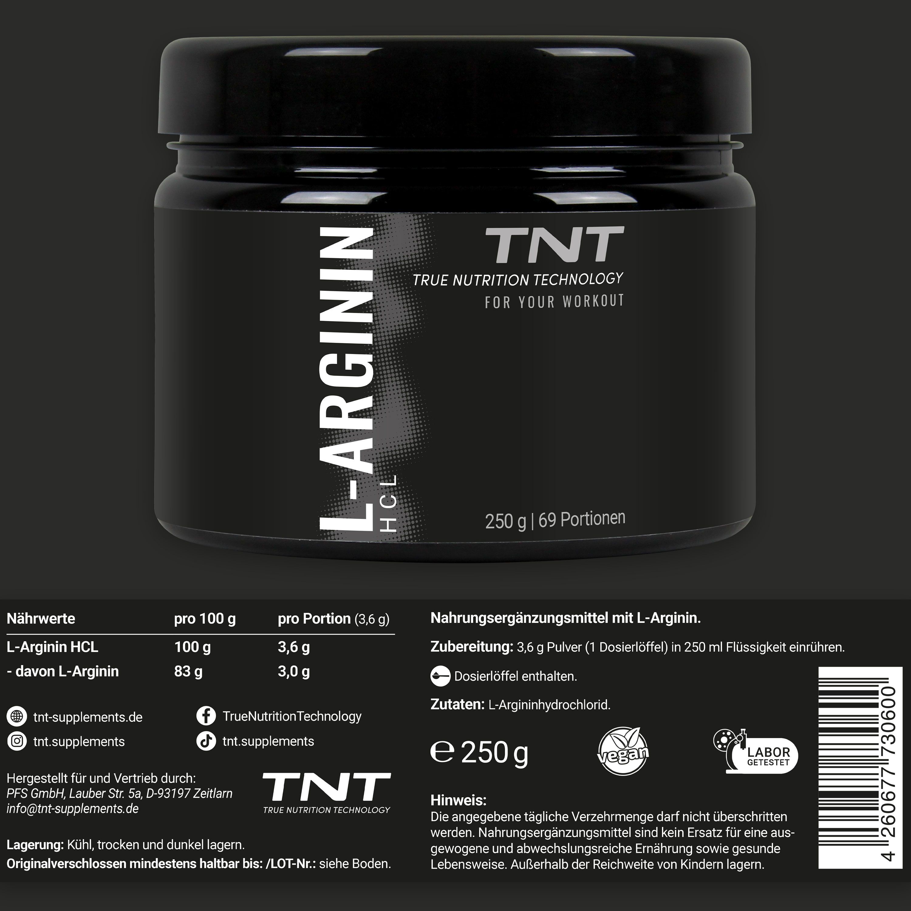 Supplement-Glas mit Nährwertangaben: L-Arginin HCL, 100g/3,6g. Zubereitung: 3,6g in 250ml Flüssigkeit. Text: L-Argininhydrochlorid.