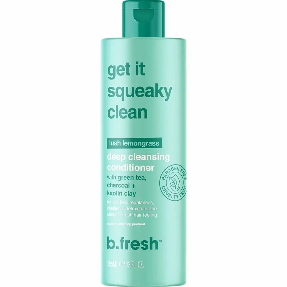 Türkisgrüne Flasche mit grünem Deckel. Aufschrift: Get it Squeaky Clean. Paraben Free und Cruelty Free Siegel.