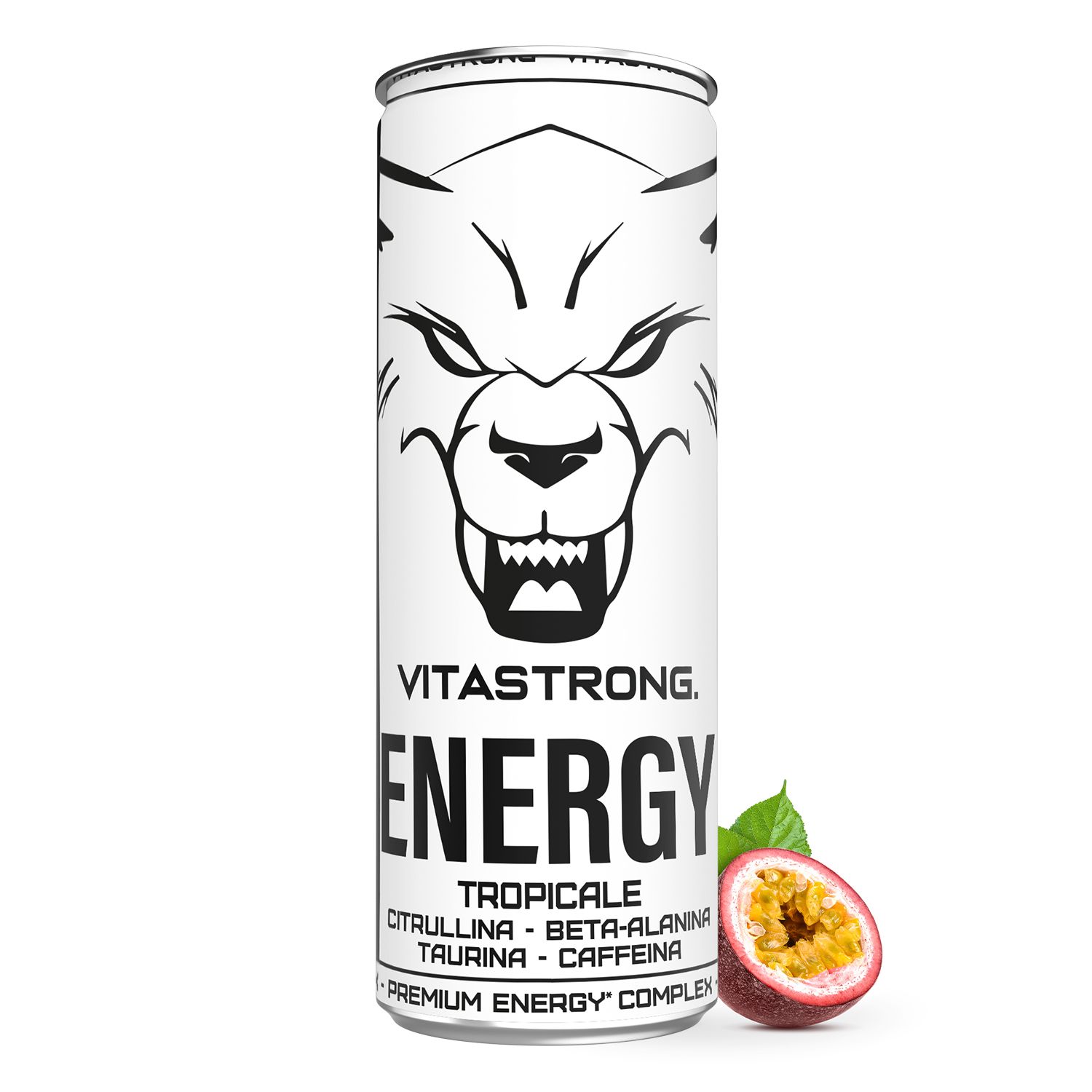 Weiße Dose mit Wolfsgesicht, Text: ENERGY TROPICAL. Daneben eine Passionsfrucht. Premium Energy Complex.
