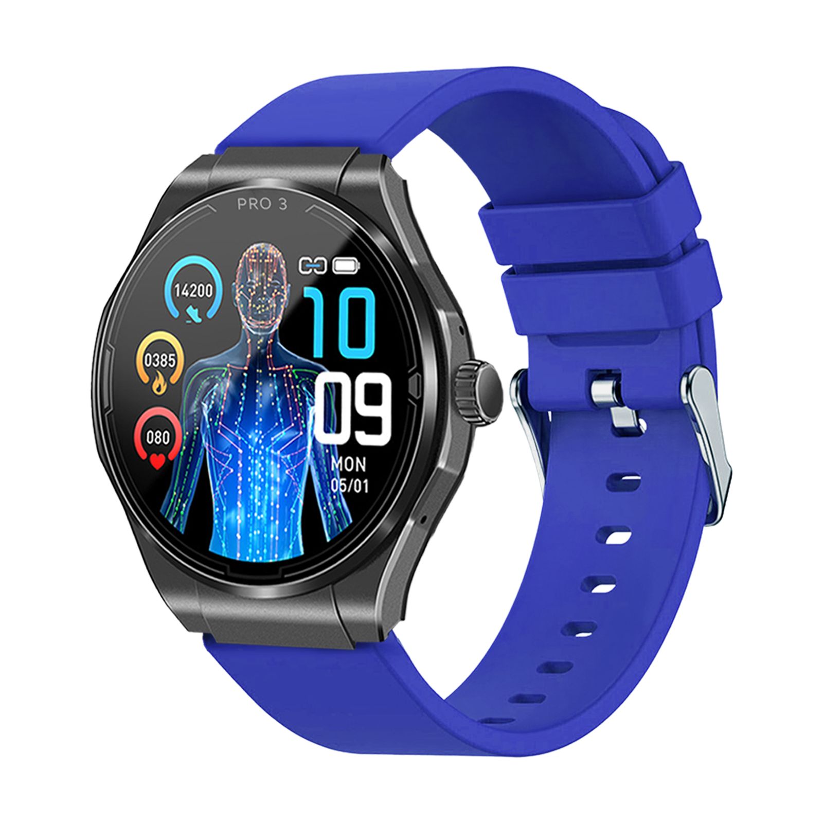 Gesundheitsuhr mit blauem Armband und digitalem Display, das Vitaldaten anzeigt.