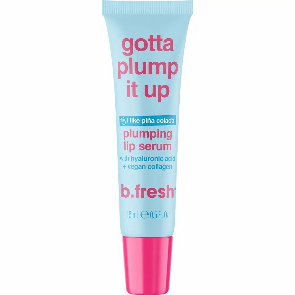 Blau-rosa Tube mit Aufschrift "gotta plump it up". Enthält Lippen-Serum mit Hyaluronsäure und veganem Kollagen. Marke: b.fresh.