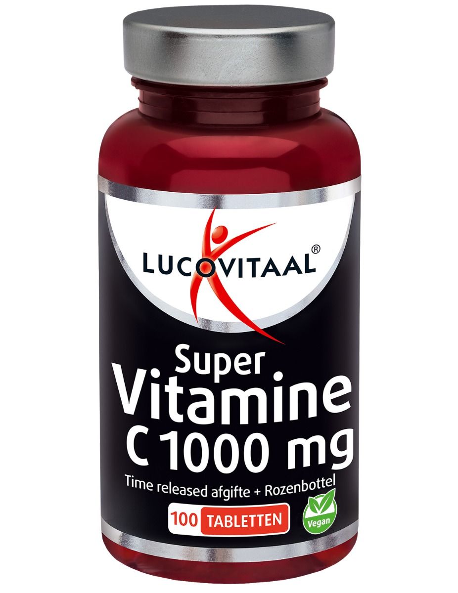 Vorderseite einer Flasche Lucovitaal Super Vitamine C 1000 mg mit 100 Tabletten.