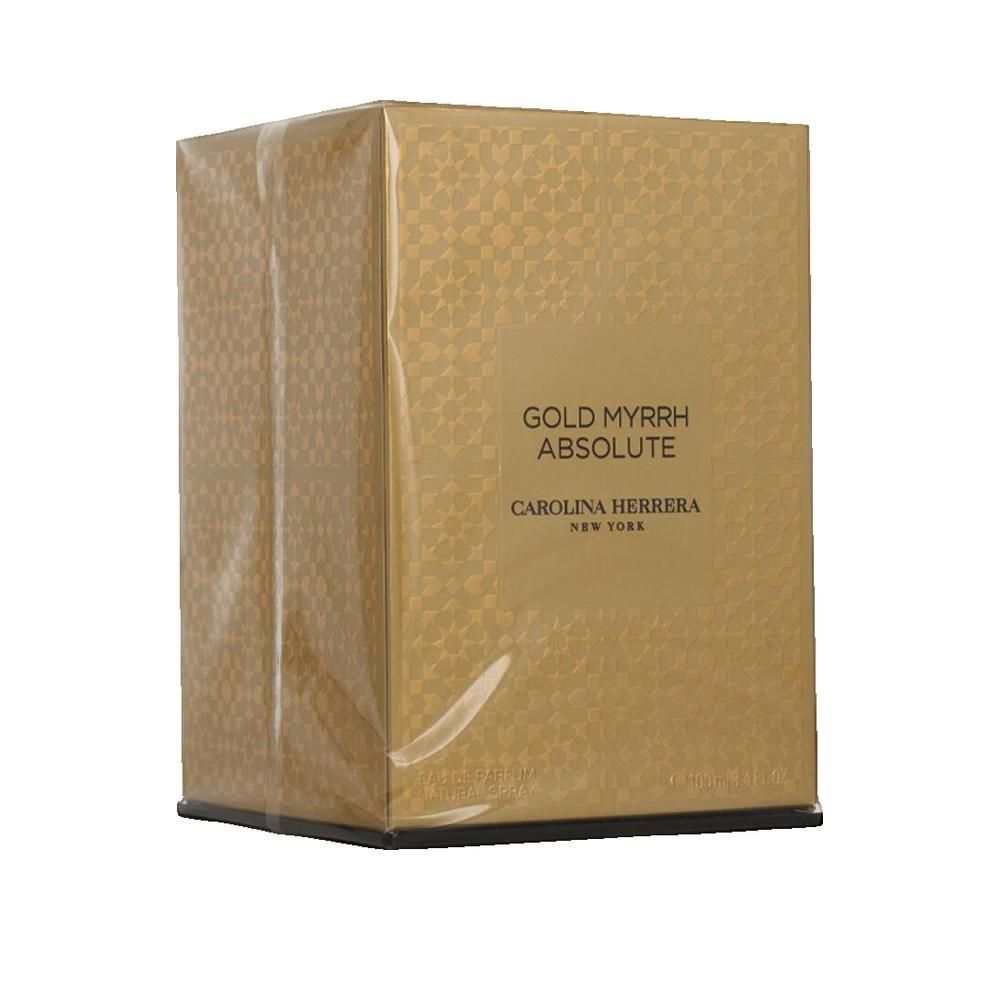 Goldfarbener Karton mit Produktnamen und Markennamen. Verpackt in transparenter Folie.