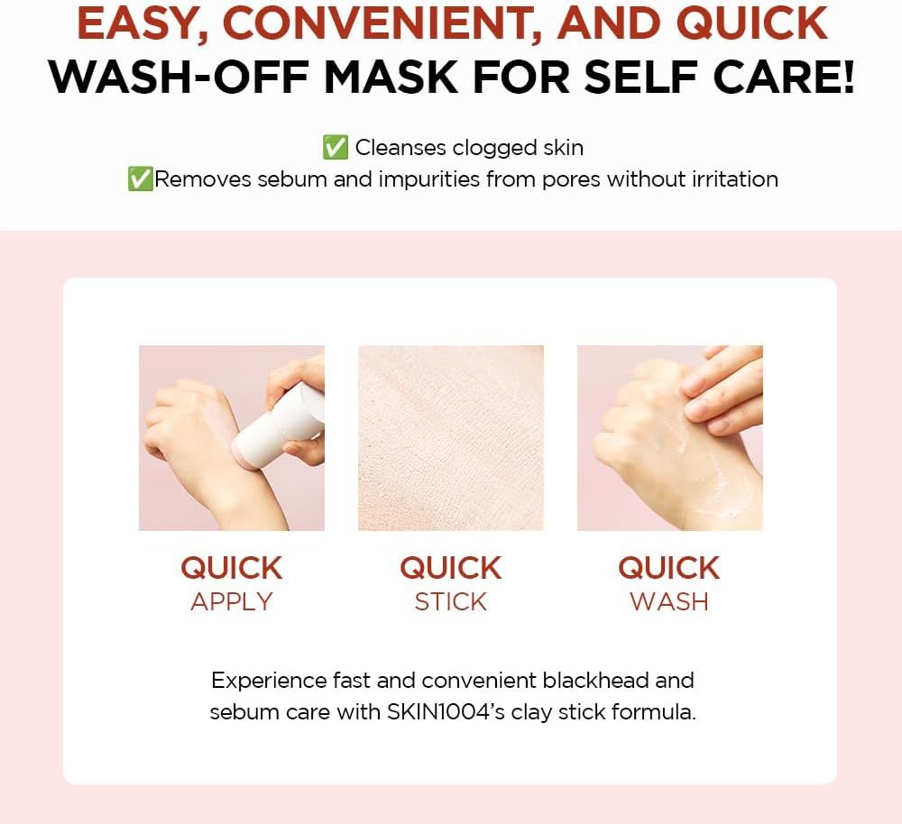 Drei Bilder zeigen die Anwendung des Gesichtsmasken-Sticks. Text: Quick Apply, Quick Stick, Quick Wash.