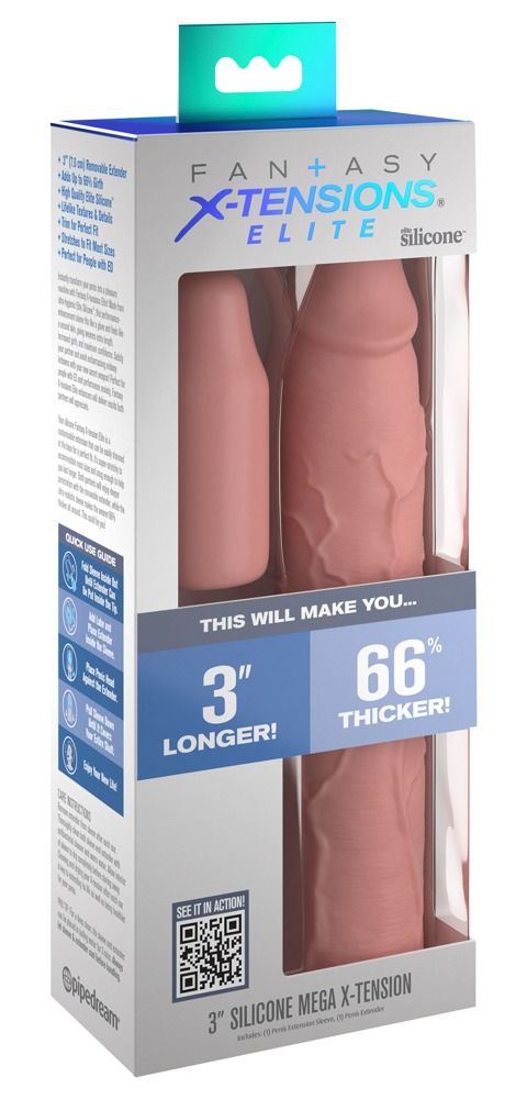 Verpackung mit zwei Silikon-Penisverlängerungen. Text: Fantasy X-Tensions Elite, 3" Longer, 66% Thicker. Marke: Pipedreams.