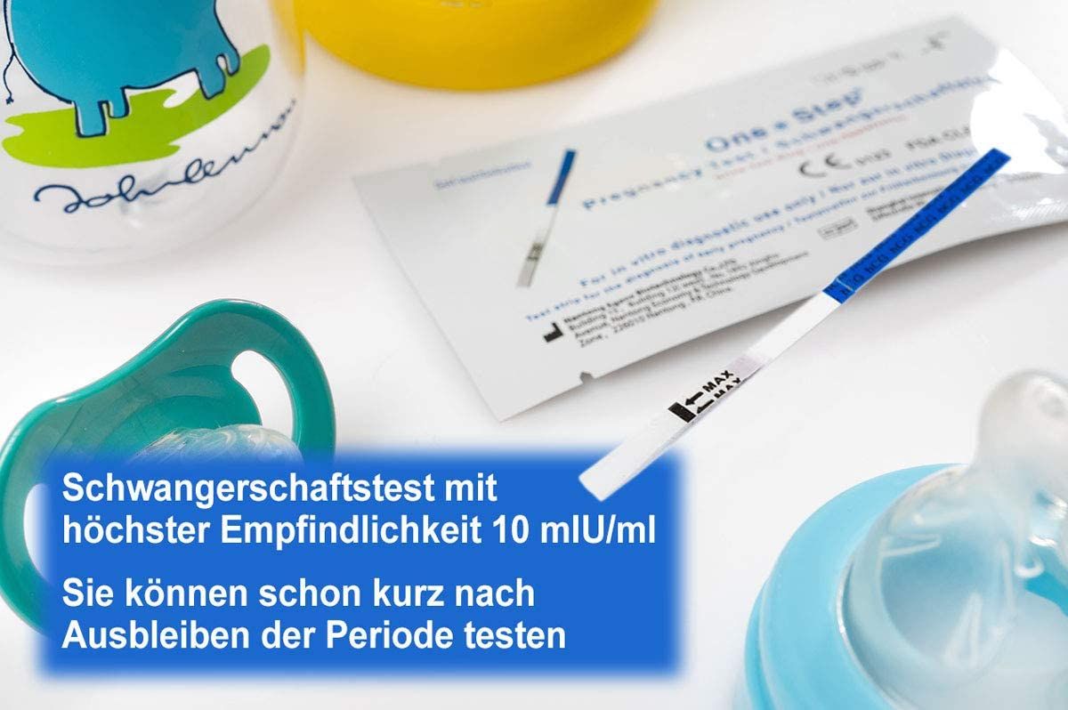 Schwangerschaftstest, Verpackung und Zubehör. Teststreifen mit blauer Spitze. Text: Schwangerschaftstest mit höchster Empfindlichkeit.