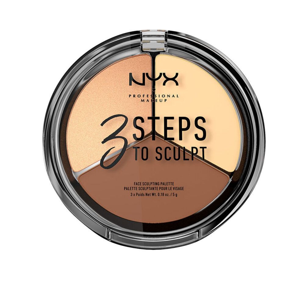Runde Kosmetikpalette mit drei Farbtönen. Schwarzer Behälter mit transparentem Deckel. Auf dem Deckel steht "3 STEPS TO SCULPT".