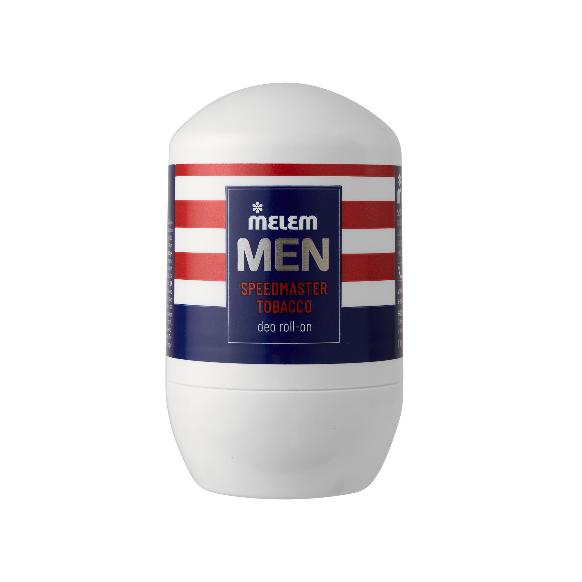 Weißes Deo mit rot-weiß-blauer Banderole. Produktansicht von vorne. Aufschrift: Melem Men Speedmaster Tobacco deo roll-on.