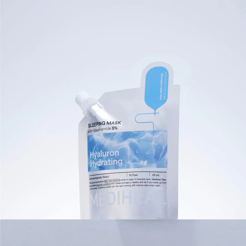 MEDIHEAL Hyaluron Hydrating Sleeping Mask Verpackung. Beutel mit Dosieröffnung. Produkt steht auf einer Oberfläche.