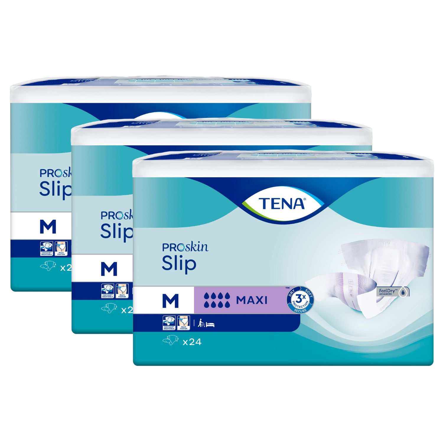 Drei Packungen TENA ProSkin Slip M. Verpackung mit Produktinformationen. Aufdrucke: Maxi, x24, TENA Logo.