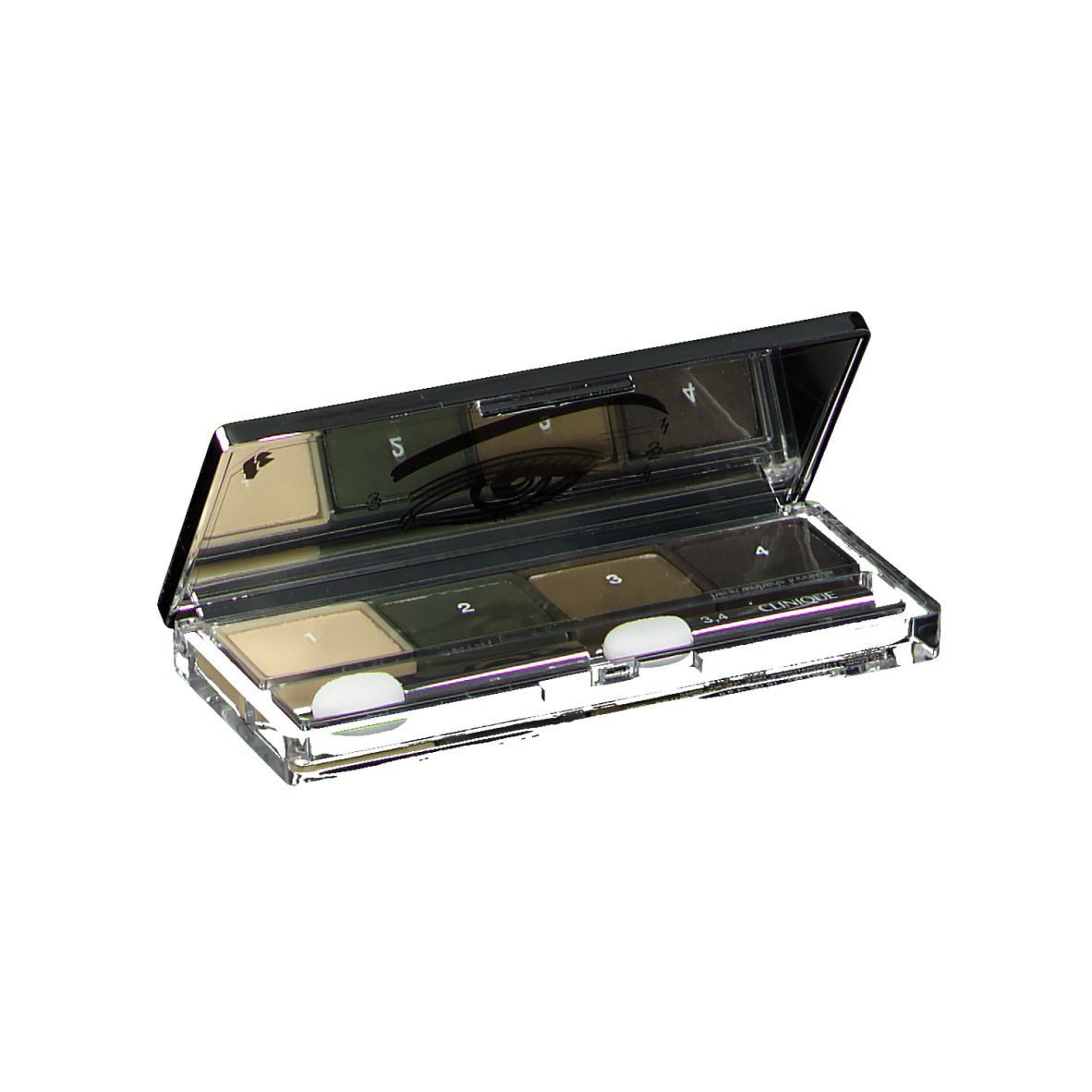 Lidschatten-Palette mit vier Farbtönen und Spiegel. Transparente Hülle mit schwarzem Deckel. Aufschrift: CLINIQUE.