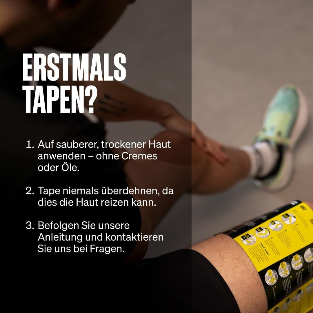 Anleitung zum Anlegen von Kinesiologie-Tape: Auf trockene Haut auftragen, nicht überdehnen.