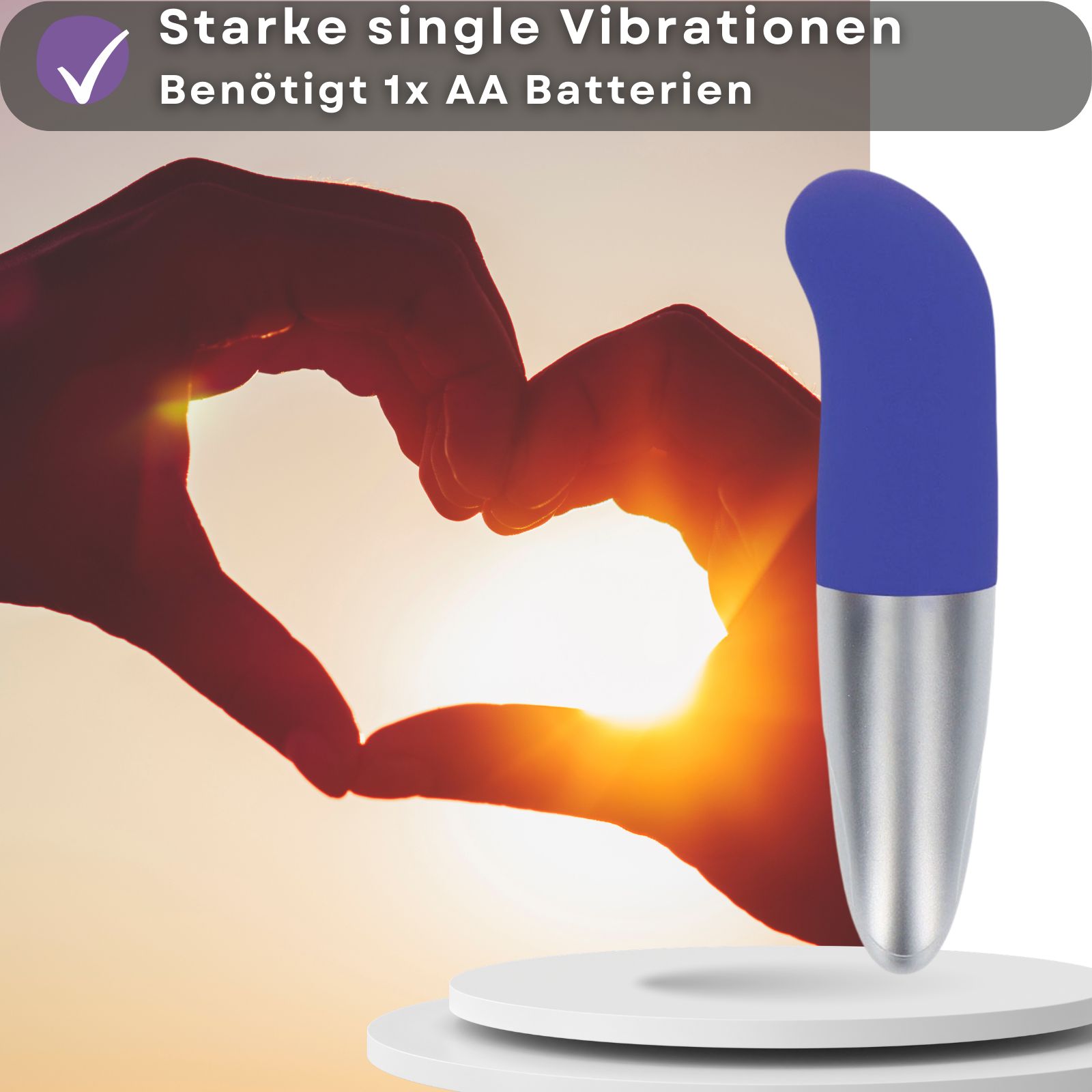 Blauer Vibrator mit silbernem Ende. Benötigt 1 AA Batterie.