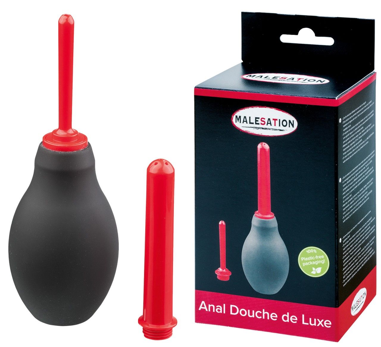 Anal Douche de Luxe. Schwarzer Ball, roter Applikator, roter Aufsatz. Verpackung mit Produktabbildung und Schriftzug MALESATION.