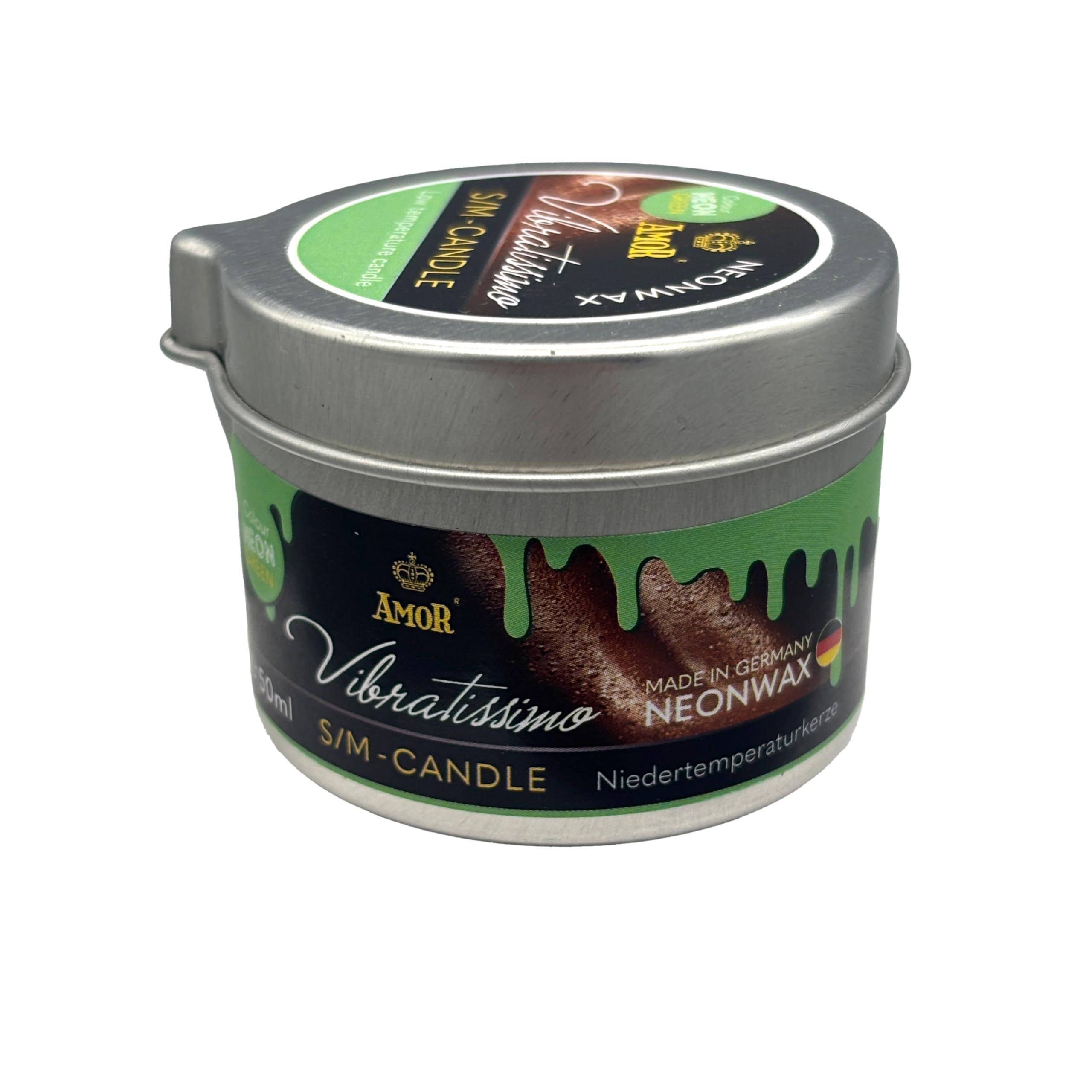 Geschlossene Metalldose mit grüner Kerze, Marke AMOR, VIBRATISSIMO S/M-CANDLE NEONWAX.
